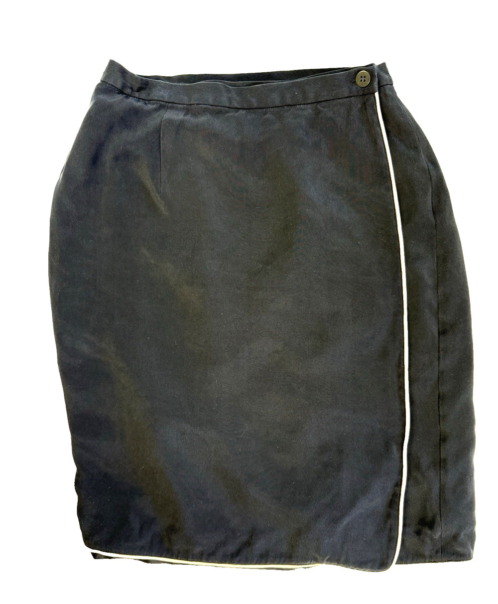 Vtg 80's Patrick Collection Silk Wrap Skirt 8 Navy blue white piping Dark Academ